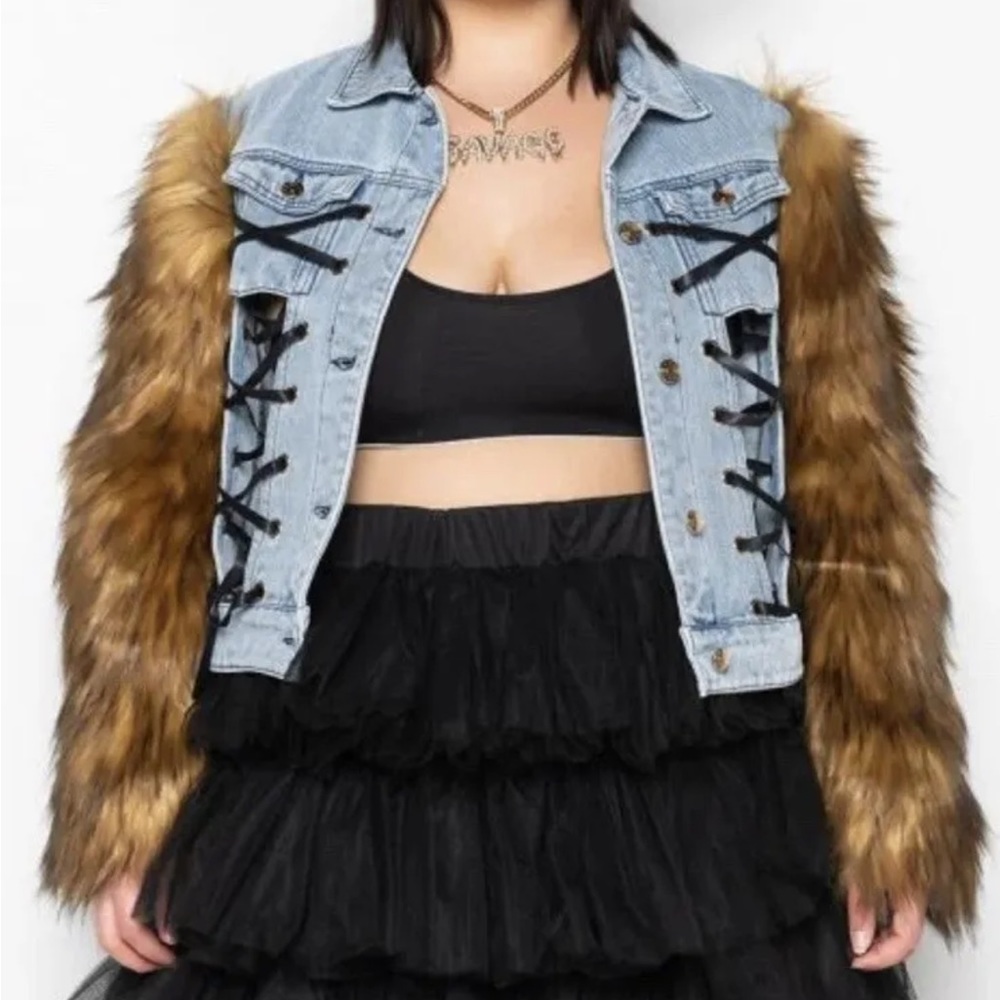 Denim Jacket with Brown Faux Fur Sleeves NWOT - Picture 3 of 9